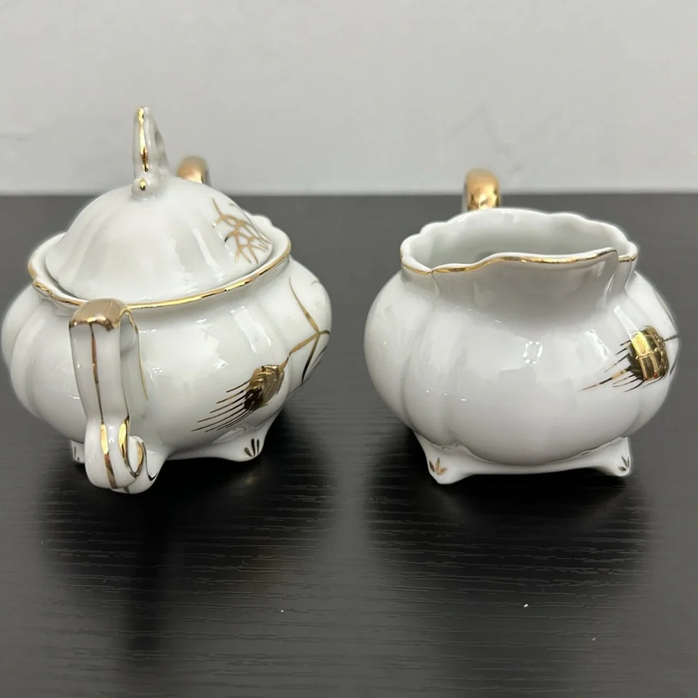 Lefton China Wheat #20120 Demitasse (mini) Cream & Lidded Sugar Bowl Gold Accent